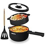 Dezin Hot Pot Electric, 2L Non-Stick Sauté Pan, Rapid Noodles Cooker, Mini Portable Pot for Steak, Egg, Fried Rice, Ramen, Oatmeal, Soup with Power Adjustment & Spatula, College Dorm Room Essential