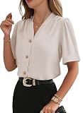 EVALESS Womens Tops Short Sleeve Button Down Shirts Casual Business Dressy Blouses Summer Fashion Clothes Beige M