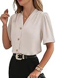 EVALESS Womens Tops Short Sleeve Button Down Shirts Casual Business Dressy Blouses Summer Fashion Clothes Beige M