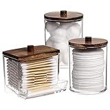 Tbestmax Qtips Holder Bathroom Container, 10 OZ Cotton Ball/Swabs Dispenser, Apothecary Jar Organizer for Storage Brown Wood Lids