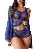 Avidlove Womens Lingerie Set 3 Piece Bra and Panty Sets with Lace Kimono Robe Sleepwear Mesh Nightgown (Navy Blue, X-Large)