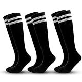 ZXOLDZX 3 Pairs Kids Soccer Socks Striped Knee High Tube Socks Football Uniform Sports Socks for Boys Girls 6-12 Years Old (US, Alpha, One Size, Regular, 3pairs-black)