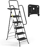 HBTower Step Ladder, Folding Step Stool with Wide Anti-Slip Pedal, Sturdy Steel Ladder, Convenient Handrail, Lightweight, Portable Steel Step Stool