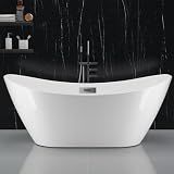 59 Inch Freestanding Bathtubs, White Acrylic Free Standing Bathtub, Modern Soaking Tub with Integrated Overflow & Chrome Drain for Bathroom Remodel