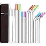 StrawExpert Set of 16 Reusable Stainless Steel Straws with Travel Case Cleaning Brush Silicone Tips Eco Friendly Extra Long Metal Straws Drinking for 20 24 30 oz Tumbler