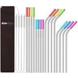 StrawExpert Set of 16 Reusable Stainless Steel Straws with Travel Case Cleaning Brush Silicone Tips Eco Friendly Extra Long Metal Straws Drinking for 20 24 30 oz Tumbler, Silver