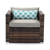COSIEST All-Weather Patio Chair, Single Brown Wicker Chair with Thick Gray Cushions & Teal Pillow, Outdoor Rocking Chair for Porch, Garden, Poolside