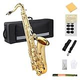 Senfot AS-200 Bb Tenor Saxophone Gold Lacquer Alto Sax Full Kit With Cleaning Cloth, Gloves, Brush, Headjoint, Reed, Strap, Stand, Tube Case, Saxophone for Beginners and Professional, Gold