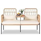 PROHIKER ROHIKER Outdoor Patio Loveseat Rattan Loveseat 2-Seat Furniture with Built-in Table, Lumbar Pillows and Cushions, All-Weather Small Patio Couch for Balcony, Lawn, Backyard