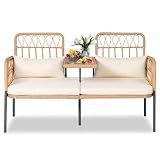 PROHIKER ROHIKER Outdoor Patio Loveseat Rattan Loveseat 2-Seat Furniture with Built-in Table, Lumbar Pillows and Cushions, All-Weather Small Patio Couch for Balcony, Lawn, Backyard