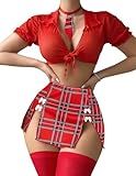 Avidlove Halloween Costumes for Women Sexy Lingerie Set Sheer Top Shirt Student with Thong Red Medium