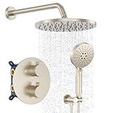 Iriber Thermostatic Shower System Wall Mount with 10 Inch Roud Rainfall Shower Head and Handheld,Shower Faucet Mixer Trim Kit (Valve Included),Brushed Nickel