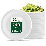 CELLURA 10 Inch 150 Pack Compostable Paper Plates, Disposable Heavy-Duty Plates, Biodegradable Sugarcane Fiber Paper Round White Plates, Microwavable