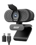 Acer 1080p Webcam USB Plug and Play Webcam for PC with Noise Cancellation Microphones Computer Camera for Desktop Streaming Gaming Online Meeting Wide Angle Privacy Cover A-to-C Adapter Easy Setup