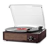 Vinyl Record Player Bluetooth Belt-DriveTurntable with Built-in Speakers, RCA Line Out AUX in Headphone Jack,3-Speed,Brown