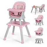 Kinder King 8 in 1 Baby High Chair, Coverts to Dining Booster Seat/Kids Table & Chair Set/Toddler Building Block Table/Kids Stool, Removable Tray & Double Seat Cover, Easy to Wipe, Grey & Pink