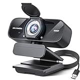 Full HD Webcam with Built-in Microphone and Rotatable Tripod, 1080P Video and Wide Angle Camera, Privacy Cover, for Desktop PC Laptop Computer Black