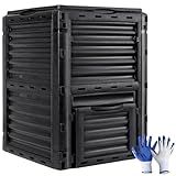 JupiterForce Garden Compost Bin 80 Gallon (300 L) from BPA Free Material, Large Composting Bin Outdoor Composter with Gloves, Easy Assembling, Fast Creation of Fertile Soil, Lightweight, Black