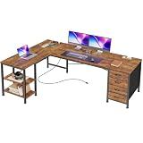 Huuger 55 Inch L Shaped Desk with Fabric Drawers, Reversible Computer Gaming Desk with Power Outlets and USB-C Port, Adjustable Side Storage Shelves, for Work Corner Home Office, Rustic Brown