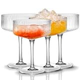 Qipecedm® 4 Pcs Ribbed Coupe Glasses, 10 oz Vintage Coupe Glass Set, Unique Martini Glass, Classic Cocktail Galssware, Bar Drinking Glasses Set Pefect for Cocktail, Wine, Champagne & Gift