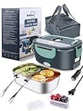Buddew Electric Heated Lunch Box for Adults - 80W Fast Heating, 1.5L Food-Grade Stainless Steel, 12V/24V/110V Portable Food Warmer for Work Travel Car, Lonchera Electrica Portatil (Green)