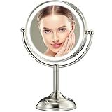 Professional 8.5" Large Lighted Makeup Mirror with Brighter Lights, 1X/10X True HD Magnifying Mirror with 3 Color Dimmable Lights, 90 Shadowless LEDs, 360°Swivel Seamless Vanity Mirror, Pearl Nickel