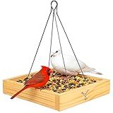 Cedar Wood Platform Tray Bird Feeder 10” - Hanging Bird Feeder for Outside Outdoor - Stainless Steel Cable Mesh Base - Weather Proof Birdfeeder for 10 Years - Longtime Outdoor Lasting Heavy Duty