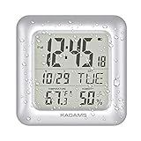KADAMS Bathroom Clock 9.5" Kitchen Wall Clock with Large LCD Screen – Shower Clock with Suction Cup,Temperature, Humidity, Calendar – Water-Resistant, 4 Mounting Options, Silver