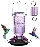 FEED GARDEN Glass Hummingbird Feeder for Outdoors Hanging, 16 oz Leak-Proof Nectar Feeder with Bee Guards & Ant Moat, 4 Metal Flower Feeding Ports, 360° Perch Ring, Easy Refill & Clean, Purple