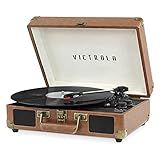 Victrola Journey Bluetooth Portable Suitcase Record Player – with Built-in Speakers, 3 Speed Vinyl Record Player, RCA Out, Headphone Jack (Brown)