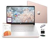 HP 14 Laptop Computer 2025 Ultra Light, AI Copilot Student Business, Quad-Core Intel, 16GB RAM, 628GB Storage (128GB UFS+ 500GB Ext), 1 Yr Office 365, 12 Hr Battery MarxsolAccessory Win 11S, Rose Gold