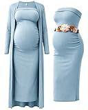 Rnxrbb 2 Piece Maternity Dress Cardigan Bodycon Maxi Baby Shower Wedding Guest Photoshoot Summer Strapless Tube Dresses,Tall-Light Blue M