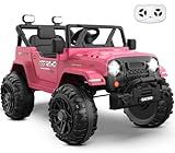 ARBELI 12V Ride On Truck Car with Remote Control, Kids Electric Vehicles with Bluetooth Music, Horn, 3 Speeds, 4 LED Lights, Soft Start, Ride on Toys for Toddler Boys & Girls (Pink)
