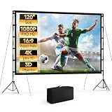120 Inch Projector Screen with Stand, 16:9 4K HD Portable Projector Screen, Indoor Outdoor Front/Rear with Carry Bag for Home Theater Backyard Camping Movie Night