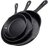 Simple Chef Cast Iron Skillet 3-Piece Set w/Cookbook - Heavy-Duty Professional Restaurant Chef Quality Pre-Seasoned Pan Cookware - 10", 8", 6.25" Pans - For Frying, Saute, Cooking, Pizza - Black