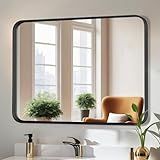 Bathroom Mirror 40x30 Inch Black Metal Framed Rounded Rectangle Vanity Mirror for Wall, Over Sink, Farmhouse, Restroom, Anti-Rust, Modern Decorative, Horizontal or Vertical Hanging