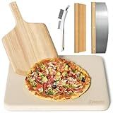 5 PCS Rectangle Pizza Stone Set, 16"Large Pizza Stone for Oven and Grill with Pizza Peel(OAK), Stone Brush,Pizza Cutter & 10pcs Cooking Paper for Free, Baking Stone for Pizza, Bread,BBQ