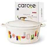 CAROTE 5QT Cast Iron Dutch Oven Pot with Lid, Enameled Floral Dutch Ovens with Gift Box, Versatile Heavy-Duty Cookware for Sourdough Bread Baking, Braising, Stews, Roasting, Healthy & Non-Toxic, All Stovetop Compatible, Oven Safe up to 500° F, Bonjour