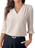 EVALESS Blouses for Women Dressy Casual 3/4 Length Sleeve Pleated V Neck Spring Tops Business Work Office Shirts Beige M