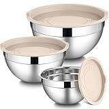 LIANYU Mixing Bowls with Airtight Lids Sets, 3 Packs Stainless Steel Metal Mixing Bowls, Ideal for Prepping, Cooking, Storage, Serving, Freezer & Dishwasher Safe, Khaki