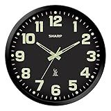 Sharp Glow in the Dark Atomic Analog Wall Clock - 12" Clock with Black Frame - Sets Automatically - Battery Operated - Easy to Read - Easy to Use – See Day or Night!
