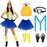 Tinyones 6 Pcs Women's Halloween Costume Accessories Set, Goggles/Yellow Beanie/Blue Dress/Blue Suspenders/Gloves/Yellow Stockings