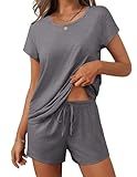 Ekouaer Women 2 Piece Pajamas Set Short Sleeve Comfy Lounge Set Round Neck Tops and Shorts Pjs with Pockets Grey XL