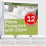 Ultra Soft Pillow Protectors with Zipper Standard Size - Set of 12 Breathable Pillow Covers - 100% Protection Against Stains, Dust & Dirt - Machine Washable (White)