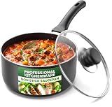 Utopia Kitchen Saucepan 2 QT Detachable Handle with Lid Grey Black | Glass Lid, Multipurpose Use, Home Kitchen and Restaurant, Nonstick Coating, Durable