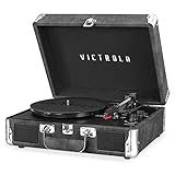 Victrola Journey Bluetooth Portable Suitcase Record Player – with Built-in Speakers, 3 Speed Vinyl Record Player, RCA Out, Headphone Jack (Gray)