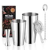 Nexsujo Boston Cocktail Shaker Set, 4-Piece Bar Tools Set, Professional Bar Set with Boston Shaker, Bar Spoon, Jigger, Hawthorne Strainer, Stainless Steel, Dishwasher Safe, Ideal Bartender Kit for Bar