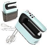 Yomelo 9-Speed Digital Hand Mixer Electric, 400W Powerful DC Motor, Hand Mixer Electric Handheld with Snap-On Storage Case, 5 Stainless Steel Accessories, Beaters, Dough Hooks, Whisk(Ice Blue/Black)