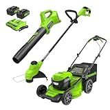 Greenworks 48V (24V x 2) 21" Brushless Self-Propelled Mower+12" String Trimmer+320CFM Blower,(2) 5.0Ah Batteries and 4A Dual Port Charger