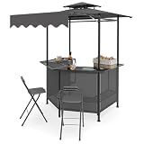 Tangkula 3 Piece Patio Bar Set, Grill Gazebo & 2 Foldable Bar Stools with Awning, Slatted Metal Shelves, Glass Holders, 6 Hanging Hooks, Double-Tier Outdoor Shelter for Patio Poolside Garden (Gray)